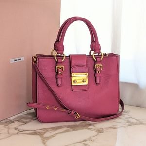 Miu Miu Madras Fuchsia Pink Convertible Gold Lock Leather Tote Crossbody Purse